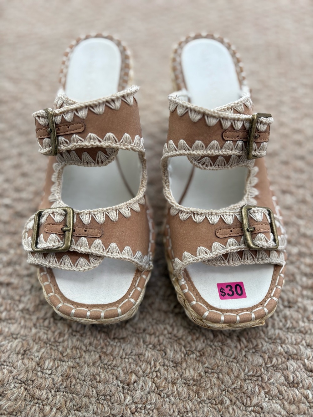 Tan Leatherette Buckle Slide Sandals with Crochet Trim